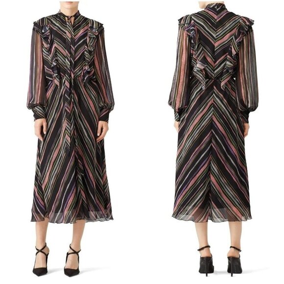 Giamba Dresses & Skirts - Giamba Black Stripe Ruffle Blouson Midi Dress $1335